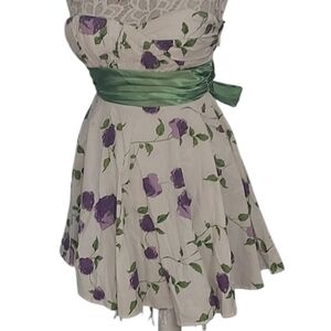 Love tease white purple flower sweetheart neck strapless dress green tie back 3